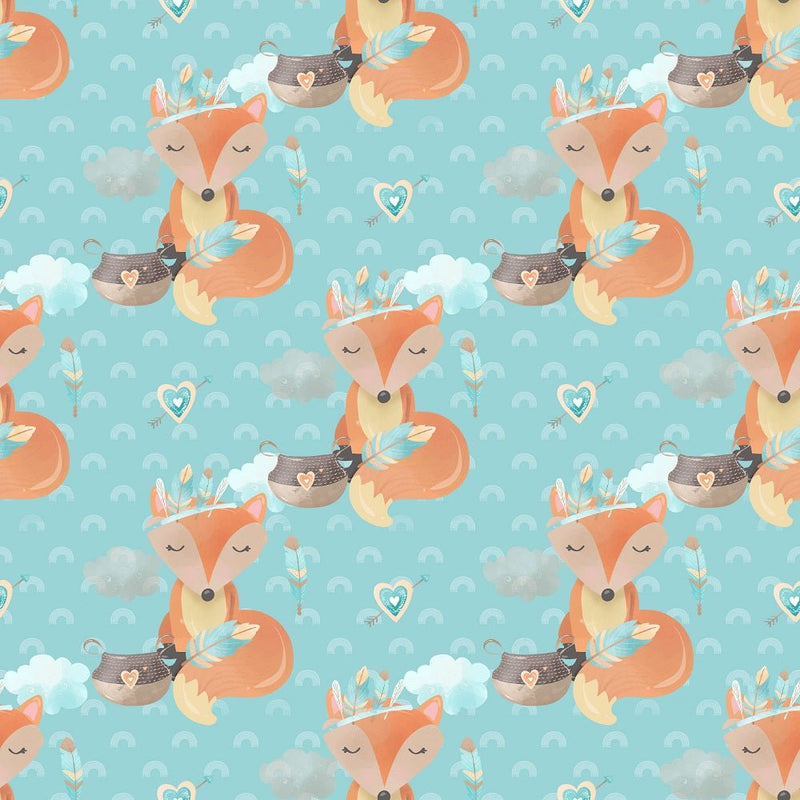 Boho Woodland Foxes Fabric - Blue - ineedfabric.com