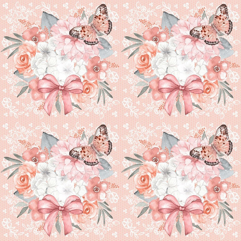 Bouquet on Lacey Floral Fabric - Coral - ineedfabric.com