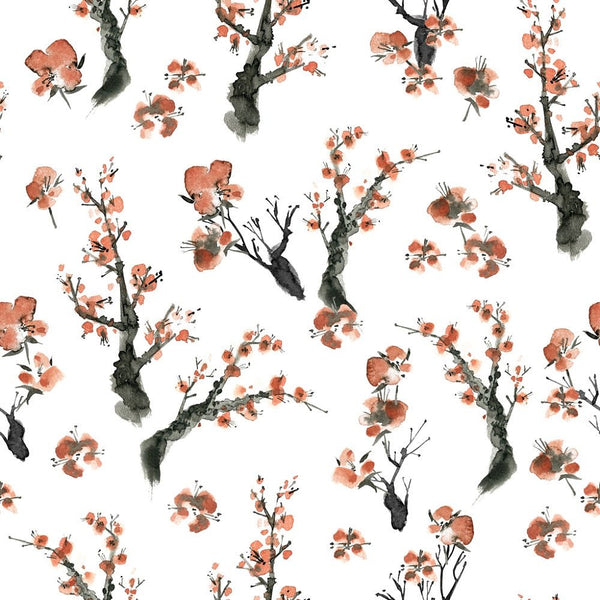 Branches of Blooming Sakura Fabric - White - ineedfabric.com