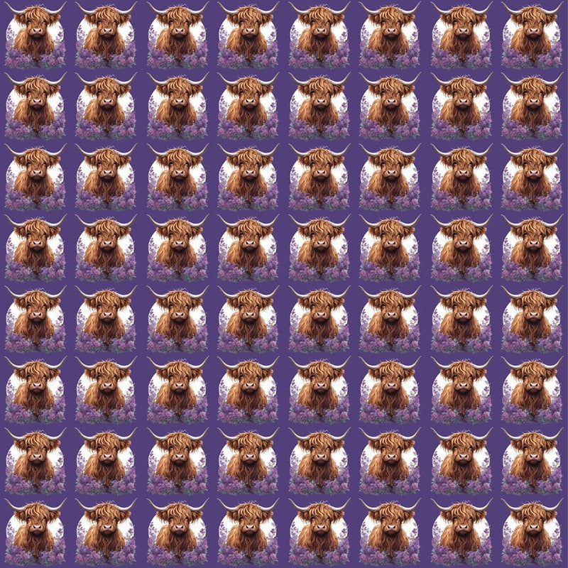 Brown Highland Cows & Flowers Portrait Fabric- Purple - ineedfabric.com