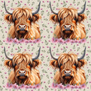 Brown Highland Cows & Pink Flowers Fabric - Tan - ineedfabric.com