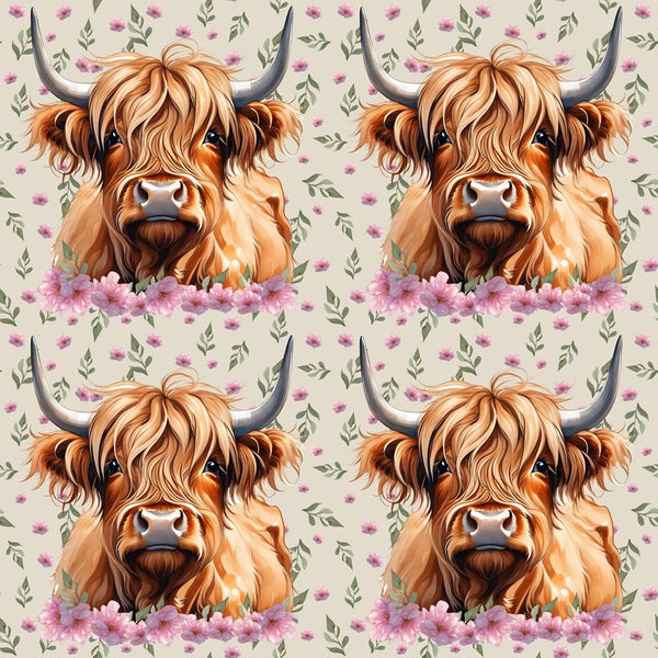 Brown Highland Cows & Pink Flowers Fabric - Tan - ineedfabric.com