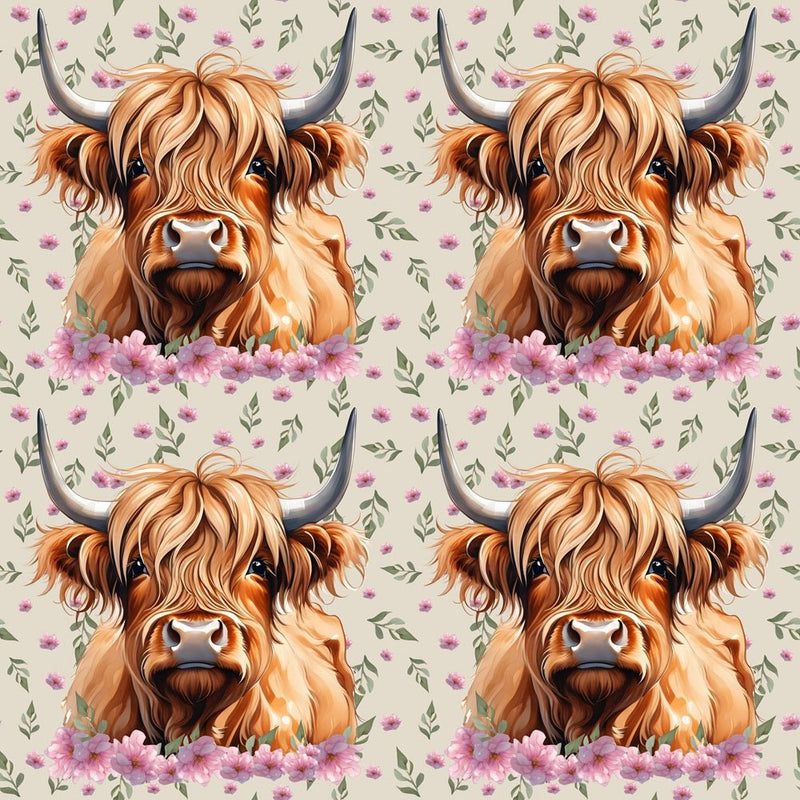 Brown Highland Cows & Pink Flowers Fabric - Tan - ineedfabric.com