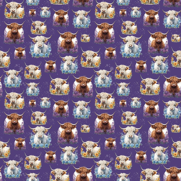 Brown & White Highland Cows & Flowers Fabric - Purple - ineedfabric.com
