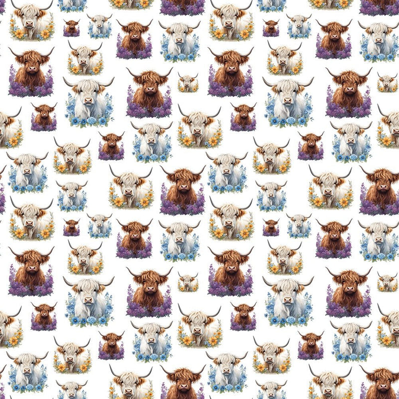 Brown & White Highland Cows & Flowers Fabric - White - ineedfabric.com