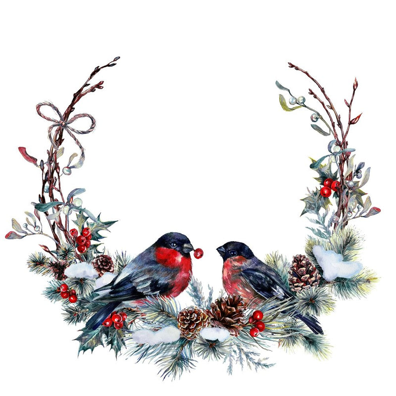 Bullfinch Couple On Snow Wreath Fabric Panel - ineedfabric.com
