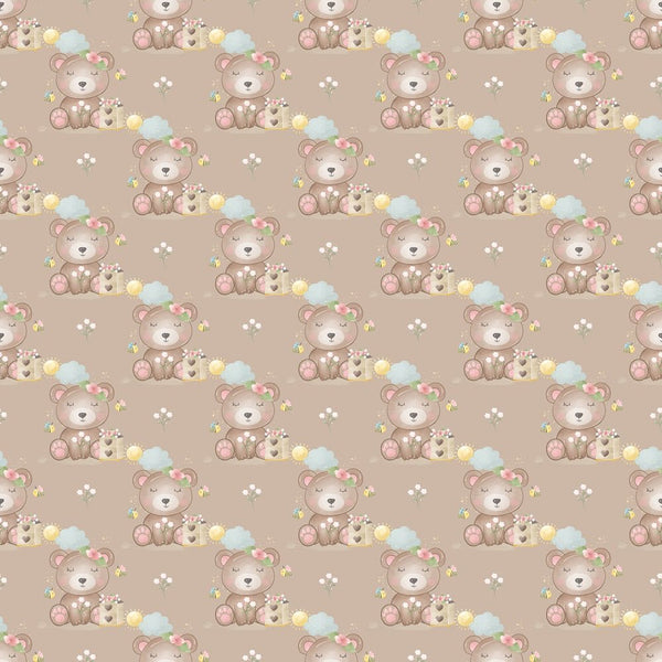 Bumble Bee Bear and Clouds Fabric - Brown - ineedfabric.com