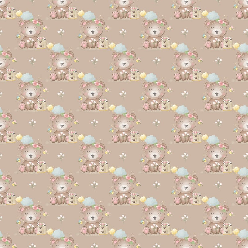 Bumble Bee Bear and Clouds Fabric - Brown - ineedfabric.com