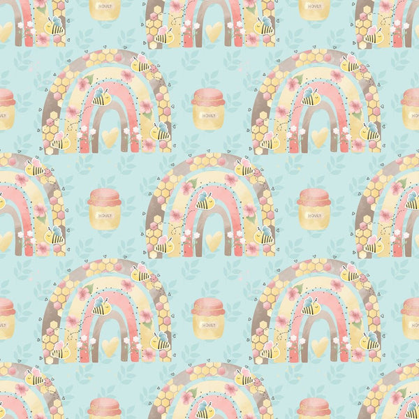 Bumble Bee Bear Rainbows Fabric - Blue - ineedfabric.com