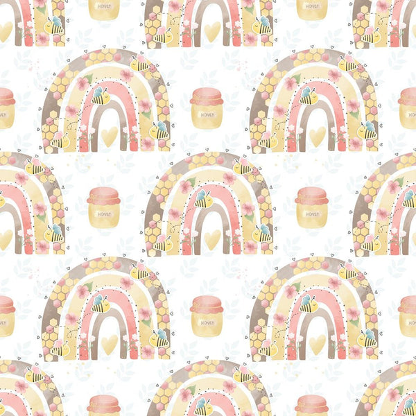 Bumble Bee Bear Rainbows Fabric - White - ineedfabric.com