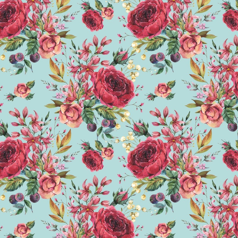 Burgundy Roses & Wildflowers Fabric - Blue - ineedfabric.com