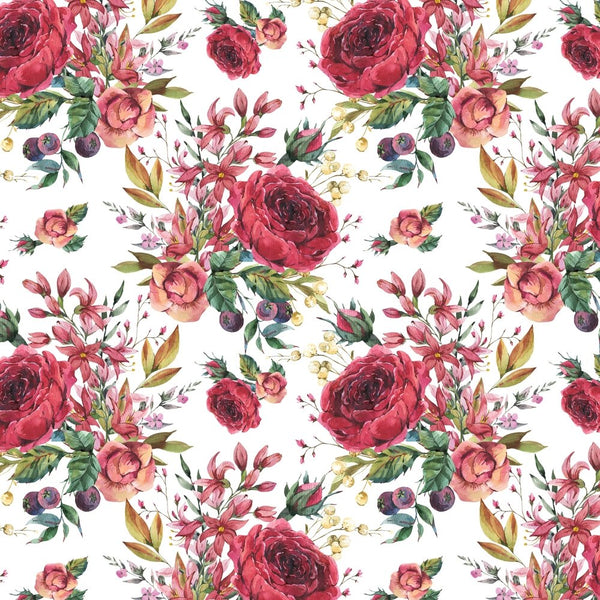 Burgundy Roses & Wildflowers Fabric - White - ineedfabric.com