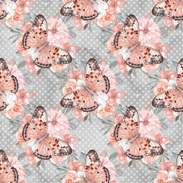 Butterflies & Bouquets on Dots Fabric - Grey - ineedfabric.com