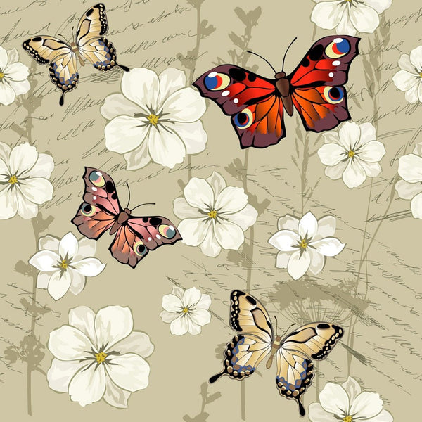 Butterflies & Flowers on Vintage Script Fabric - ineedfabric.com