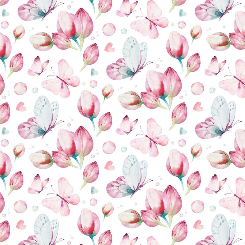 Butterflies & Tulips Fabric - White - ineedfabric.com