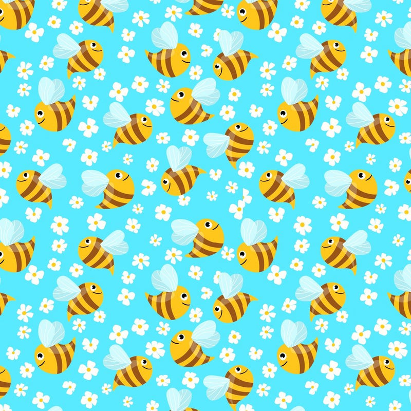 Buzzing Bee With Flowers Fabric - Blue - ineedfabric.com