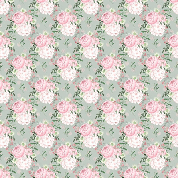 Cabbage Rose and Cherry Blossom Fabric - Green - ineedfabric.com