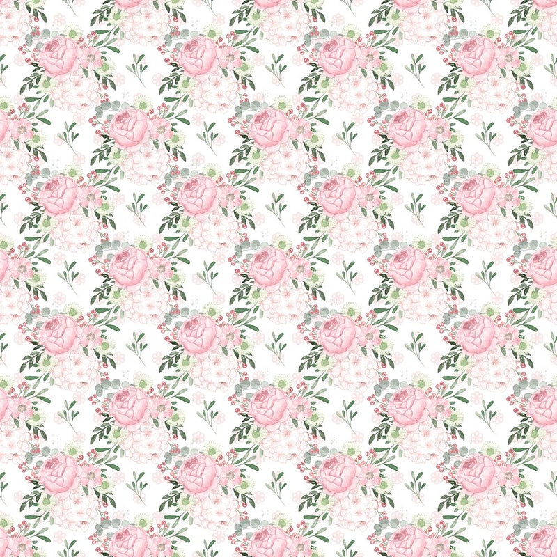 Cabbage Rose and Cherry Blossom Fabric - White - ineedfabric.com