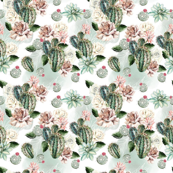 Cactus And Rose Watercolor Fabric - ineedfabric.com