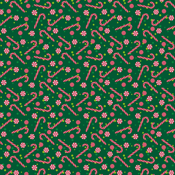 Candy Canes With Peppermints Fabric - Green - ineedfabric.com