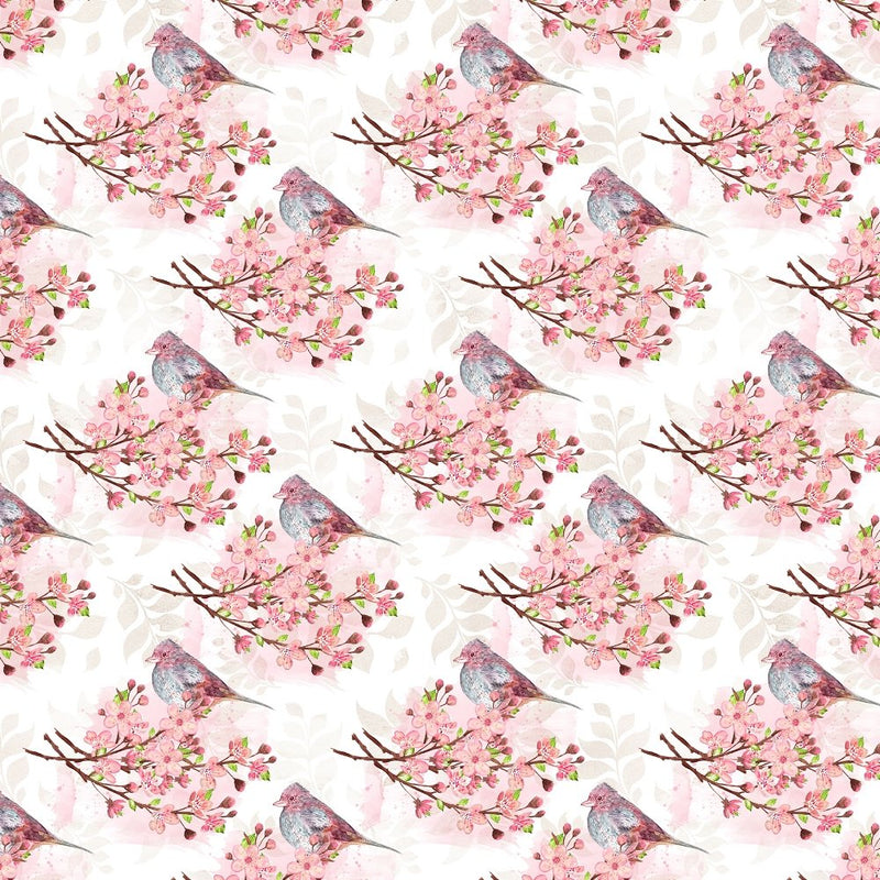 Cardinal Perched on Cherry Blossoms Branches Fabric - White - ineedfabric.com