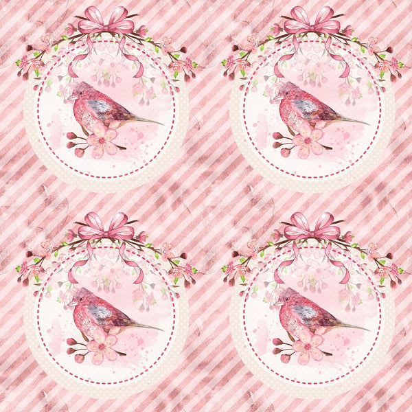 Cardinal with Cherry Blossoms and Bow Stripped Fabric - ineedfabric.com