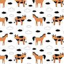 Carton Horses With Cows Fabric - White - ineedfabric.com