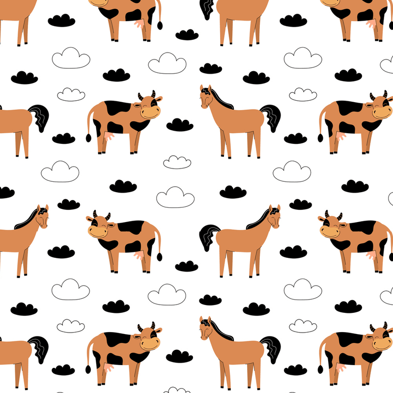 Carton Horses With Cows Fabric - White - ineedfabric.com