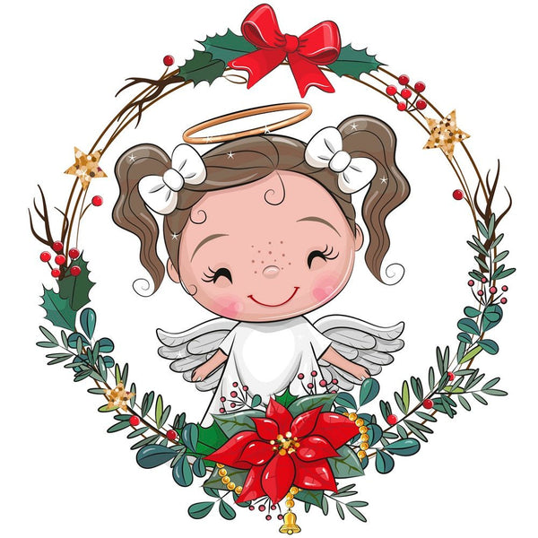 Cartoon Angel In Christmas Wreath Fabric Panel - ineedfabric.com