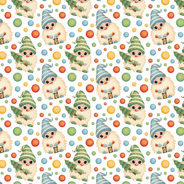 Cartoon Christmas Gnomes With Lanterns & Trees Fabric - Multi - ineedfabric.com