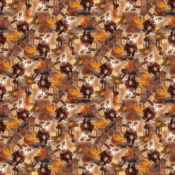 Cartoon Cows In The Fall Fabric - ineedfabric.com