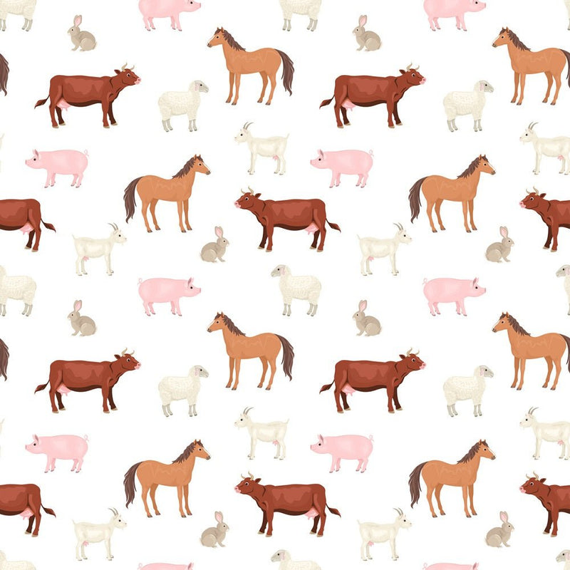 Cartoon Farm Animals Allover Fabric - White - ineedfabric.com