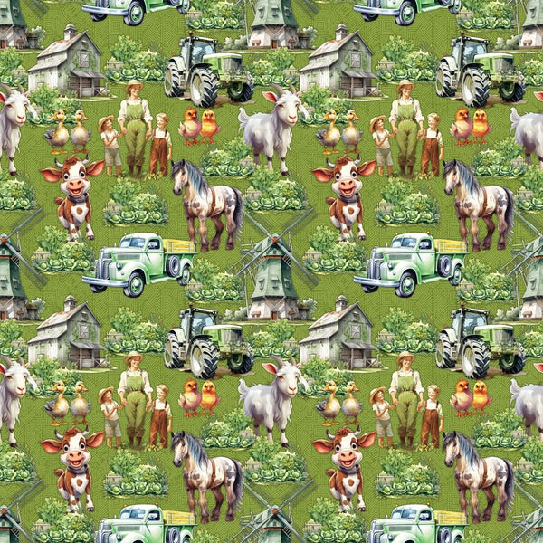 Cartoon Farm Elements Fabric - Green - ineedfabric.com