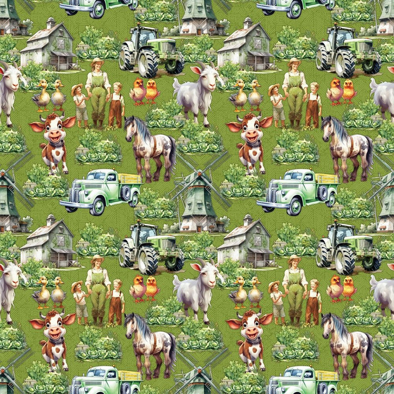 Cartoon Farm Elements Fabric - Green - ineedfabric.com