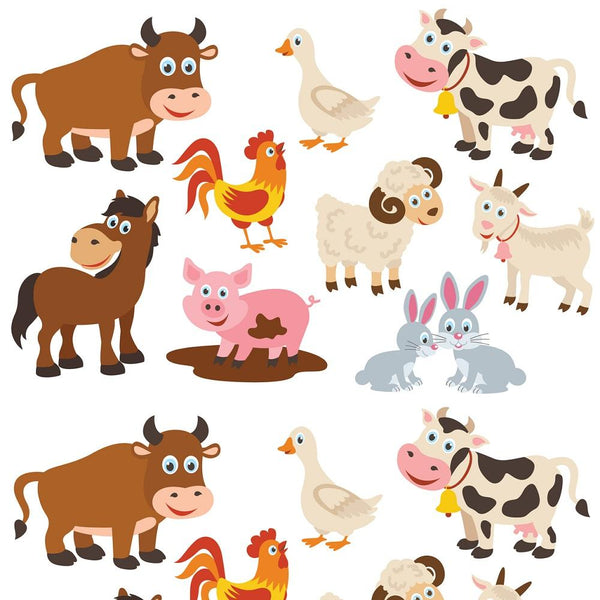 Cartoon Farming Animal Allover Fabric - White - ineedfabric.com