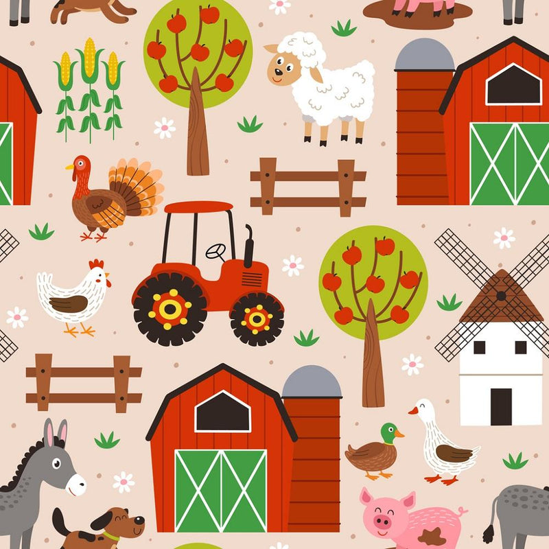 Cartoon Farming Elements Fabric - Pink - ineedfabric.com