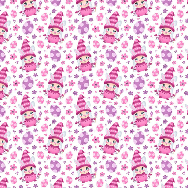 Cartoon Girl Easter Bunny Gnome Fabric - Pink - ineedfabric.com