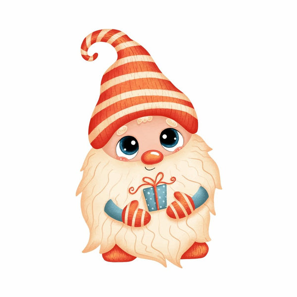 Cartoon Gnome With Gift Fabric Panel - White - ineedfabric.com