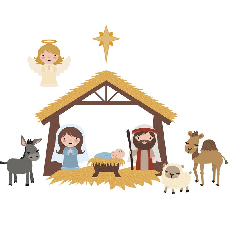 Cartoon Nativity Scene Fabric Panel - White - ineedfabric.com