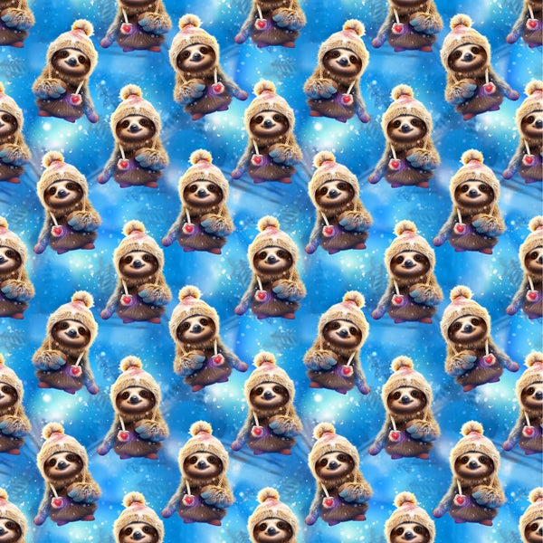 Cartoon Sloths In Winter Fabric - ineedfabric.com