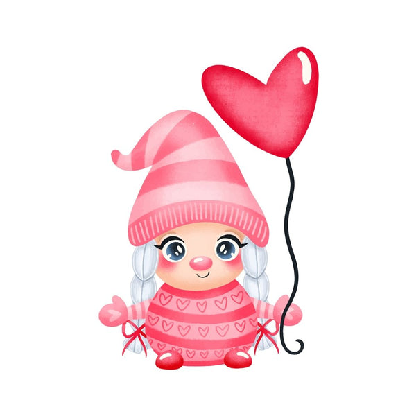 Cartoon Valentine Girl Gnome With Balloon - White - ineedfabric.com