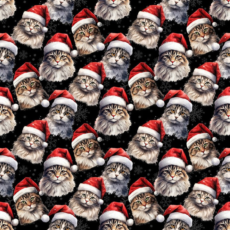 Cats In Santa Hats Fabric - Black - ineedfabric.com