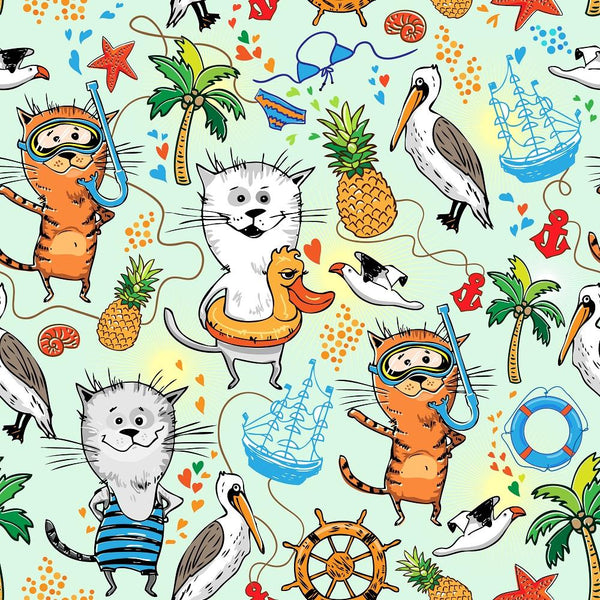 Cats & Pelicans At Sea Fabric - ineedfabric.com