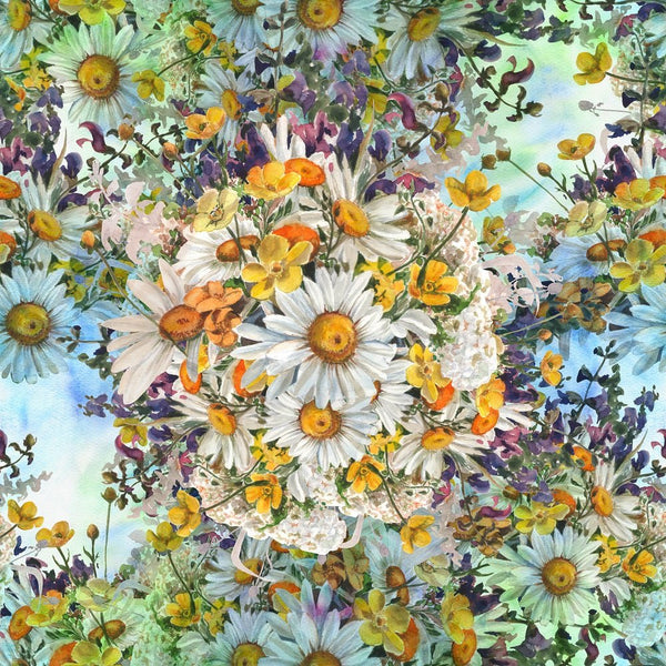 Chamomile Flowers & Herbs Fabric - Blue/Green - ineedfabric.com