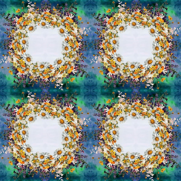 Chamomile Flowers & Herbs Wreath Fabric - Blue/Green - ineedfabric.com