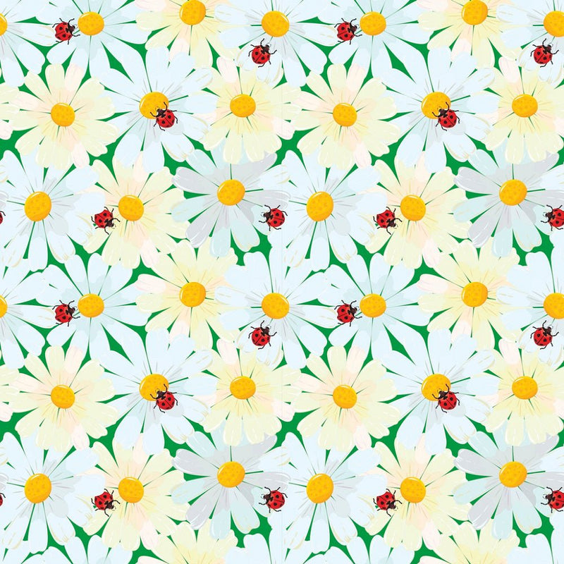 Chamomile Flowers & Ladybugs Fabric - ineedfabric.com