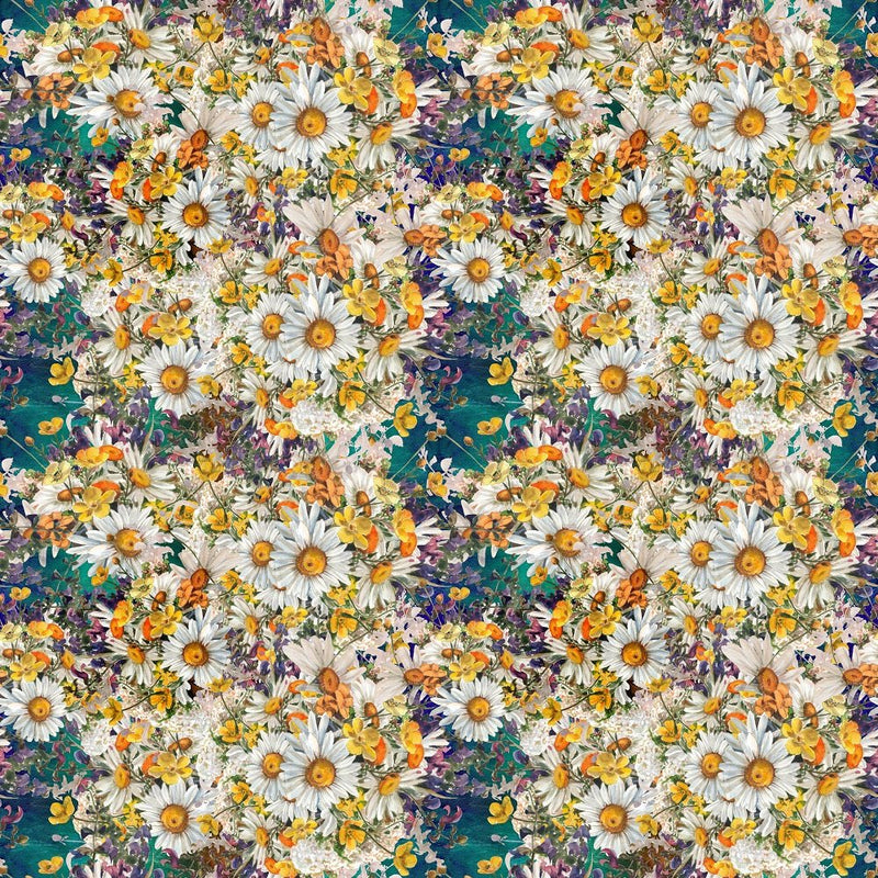 Chamomile & Wild Flowers Fabric - Green/Blue - ineedfabric.com
