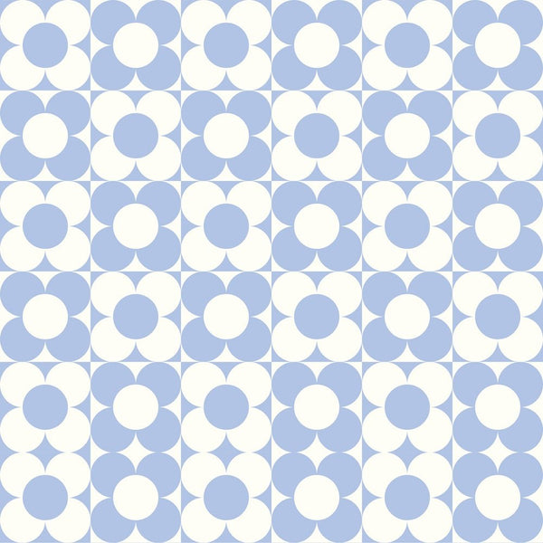 Checkerboard Retro Flowers Fabric - Blue - ineedfabric.com