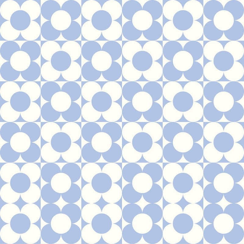 Checkerboard Retro Flowers Fabric - Blue - ineedfabric.com