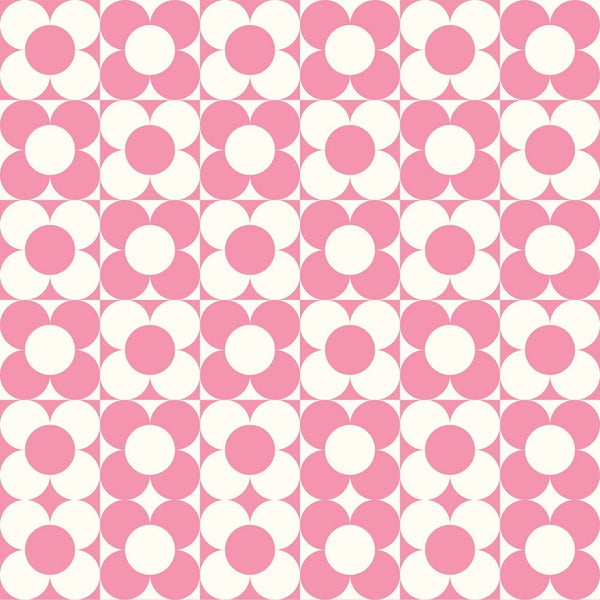 Checkerboard Retro Flowers Fabric - Pink - ineedfabric.com